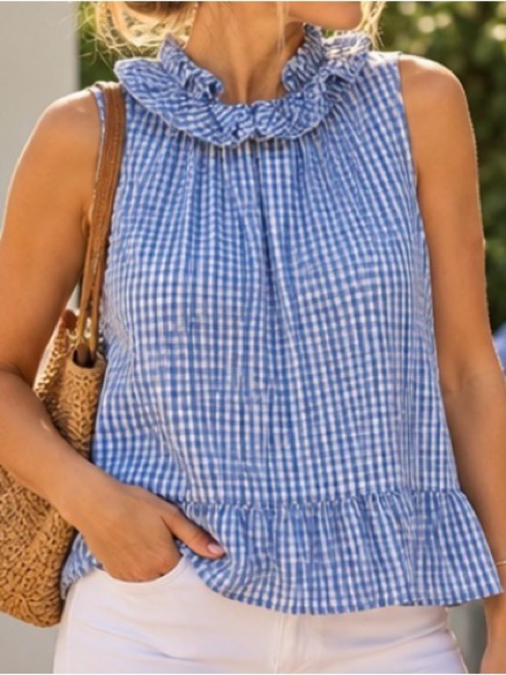 Sara Campbell Blue Gingham Ruffle-Neck Tank Top - Picture 2 of 10